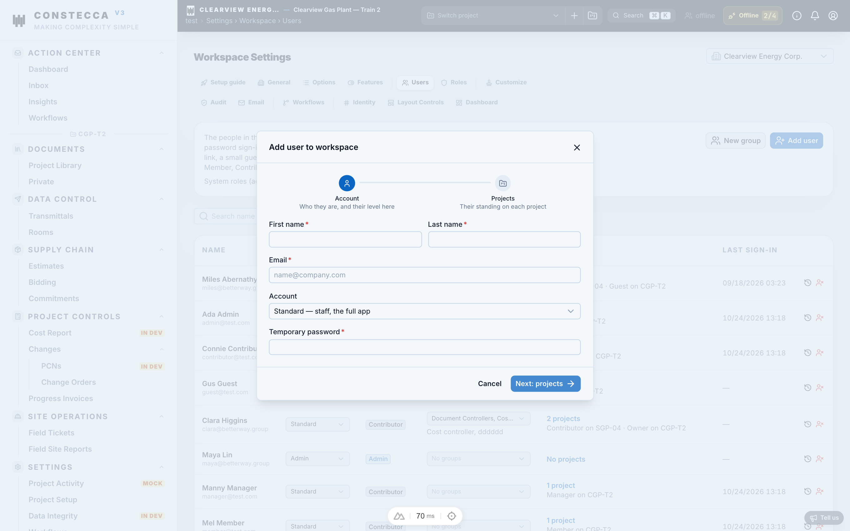 Add User dialog showing account details, access level, and project standing steps
