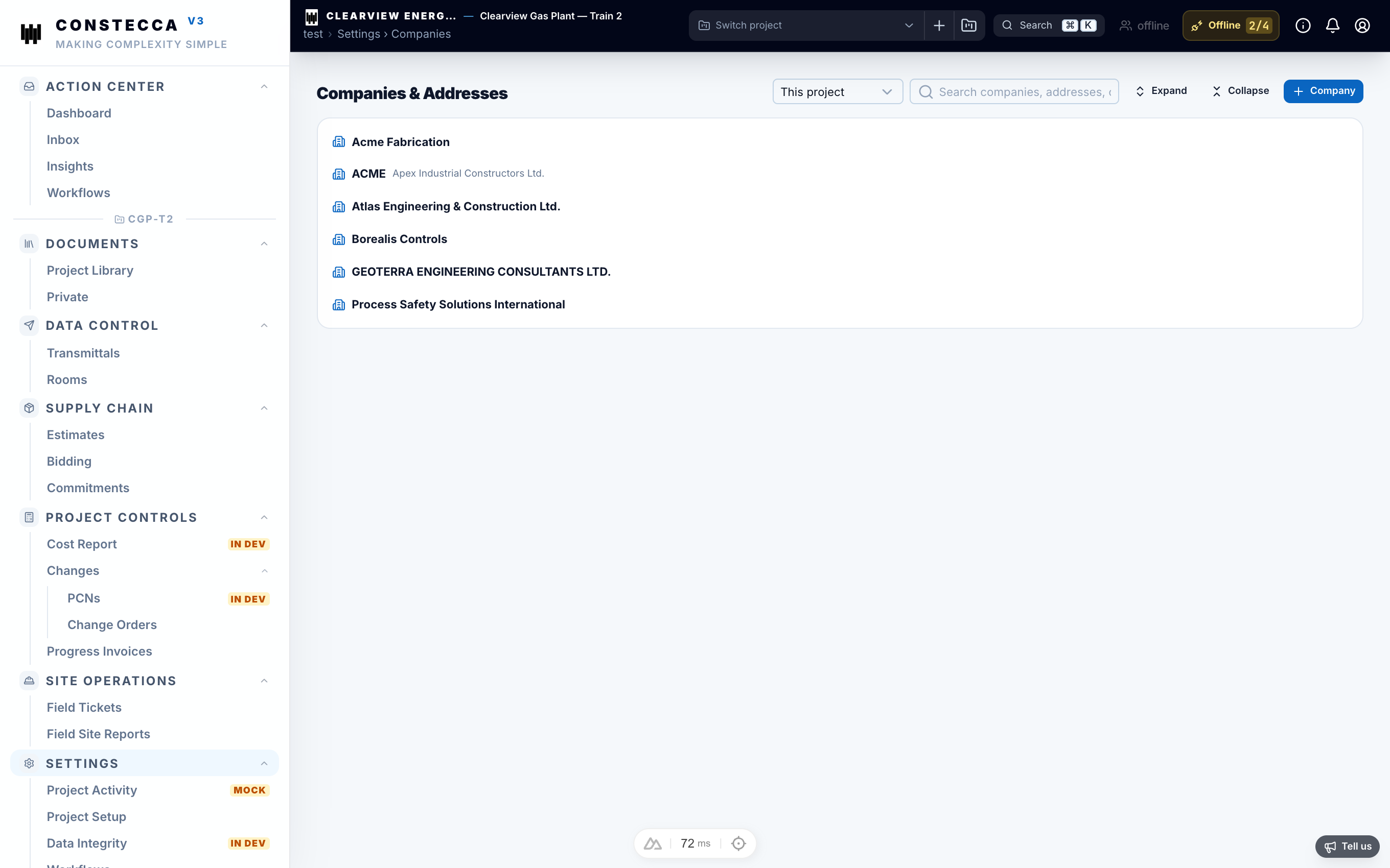 Companies settings page showing project companies, vendor flags, and document counts