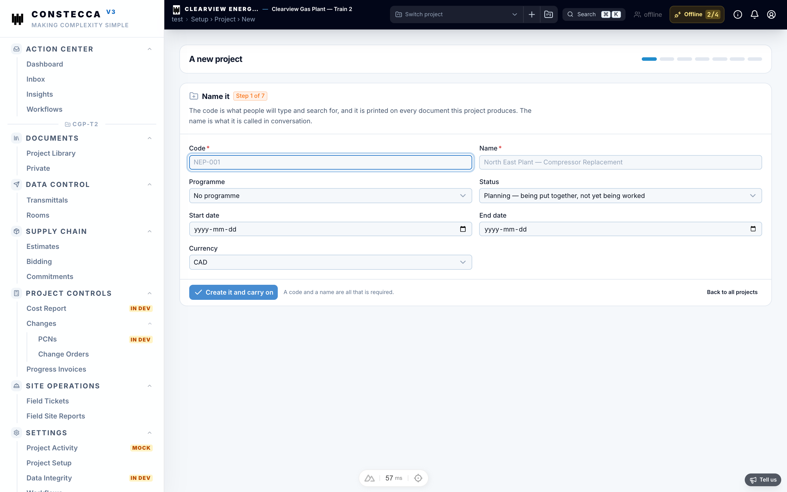 New Project dialog showing the blank or clone option, project name, code, and default currency