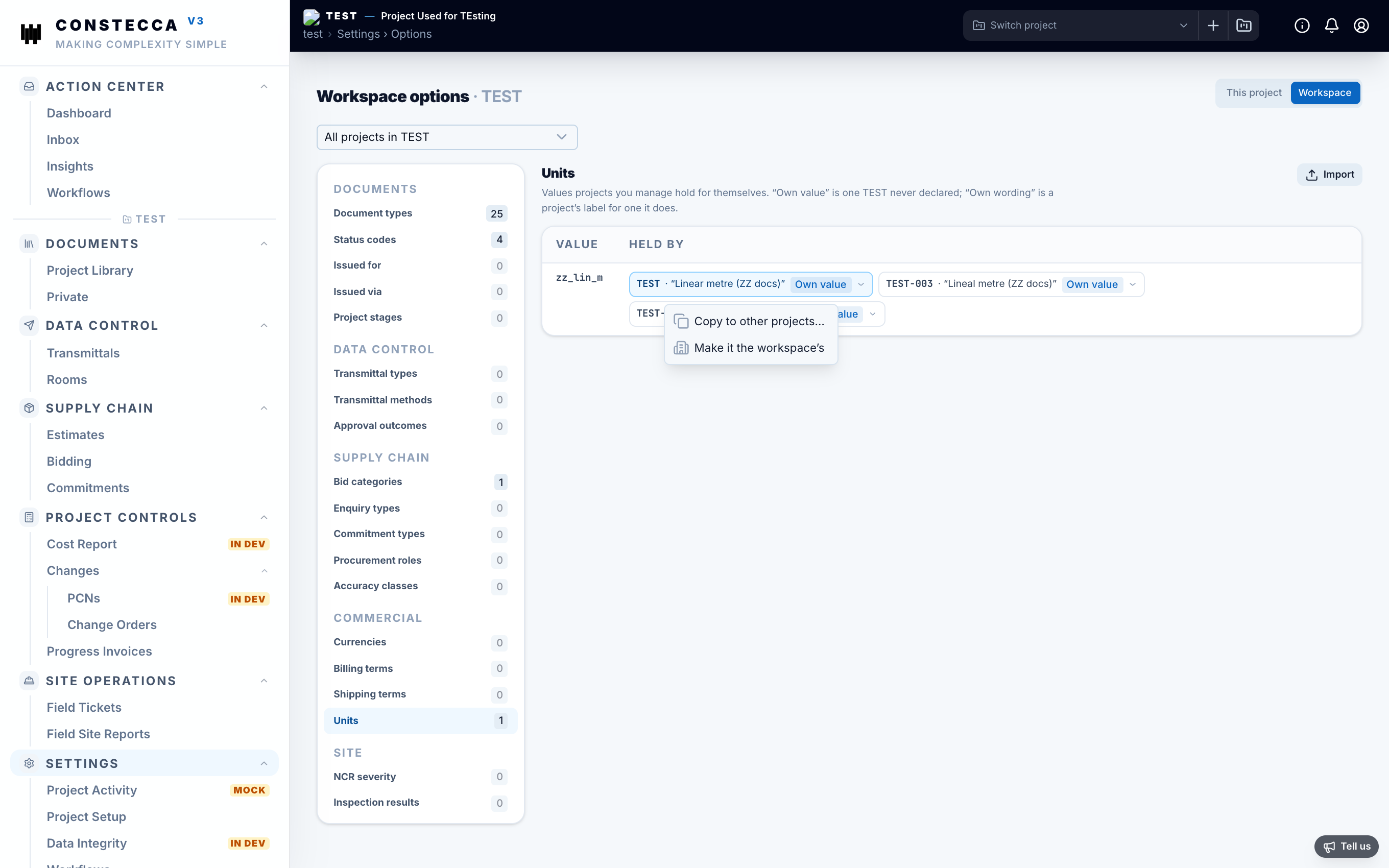 A chip's menu offering Copy to other projects and Make it the workspace's