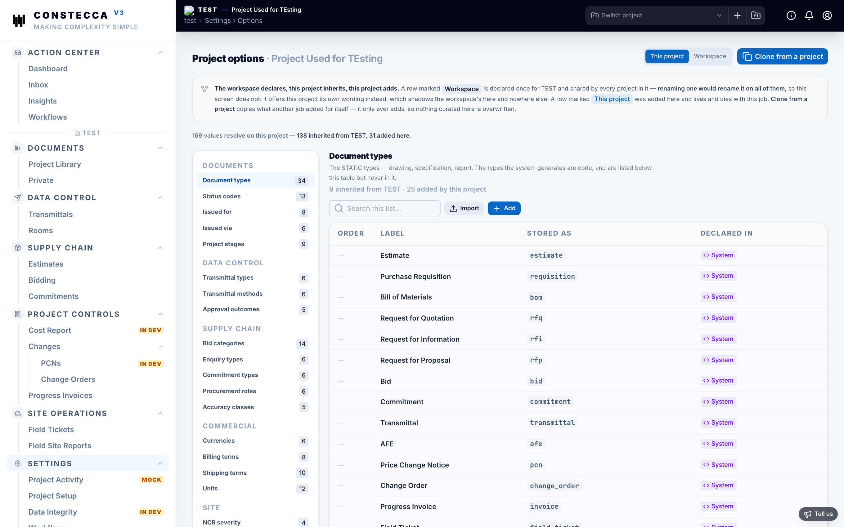 Project options page showing the list rail on the left and the selected list's values on the right