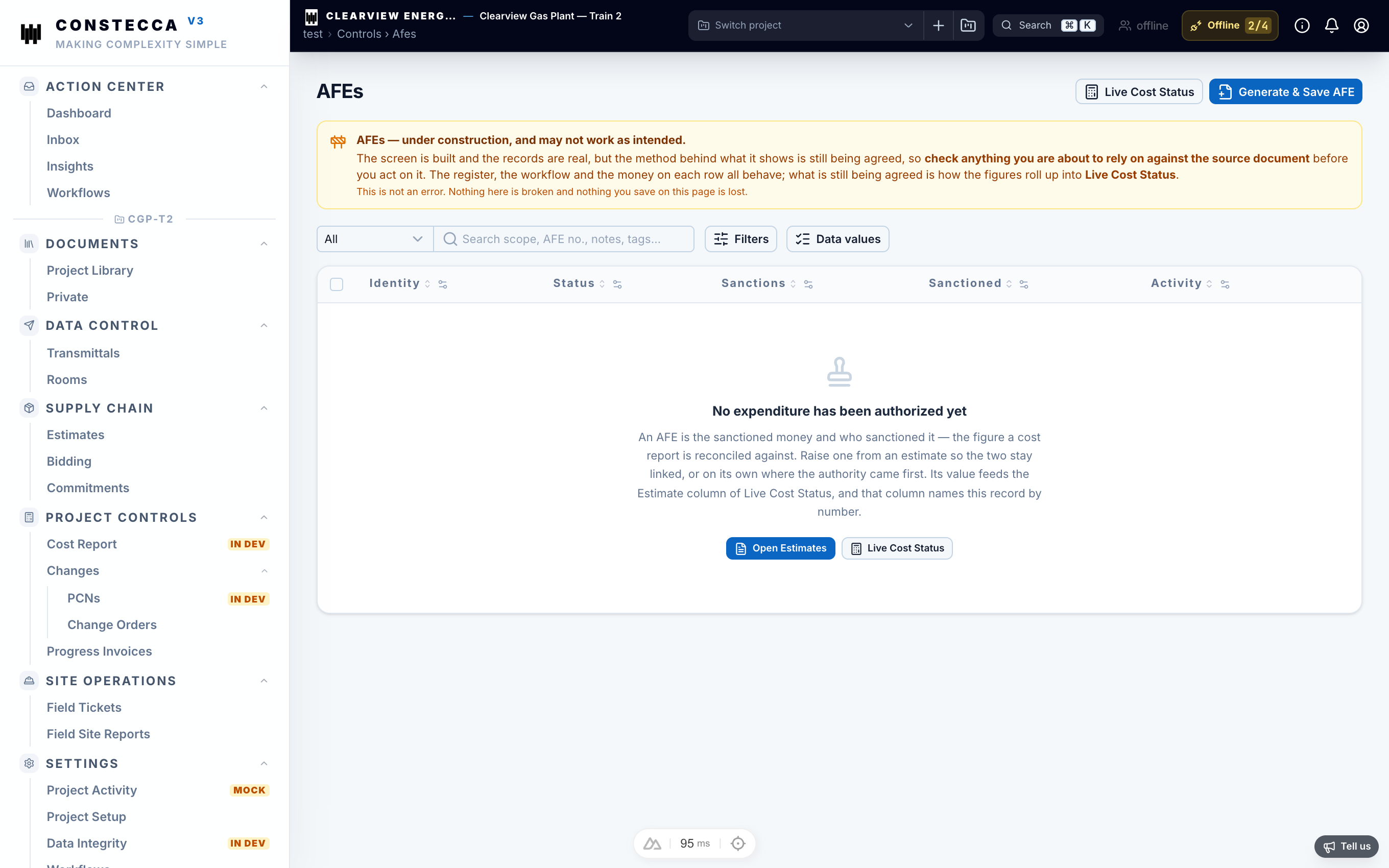 AFEs list showing authorizations for expenditure and their approval status