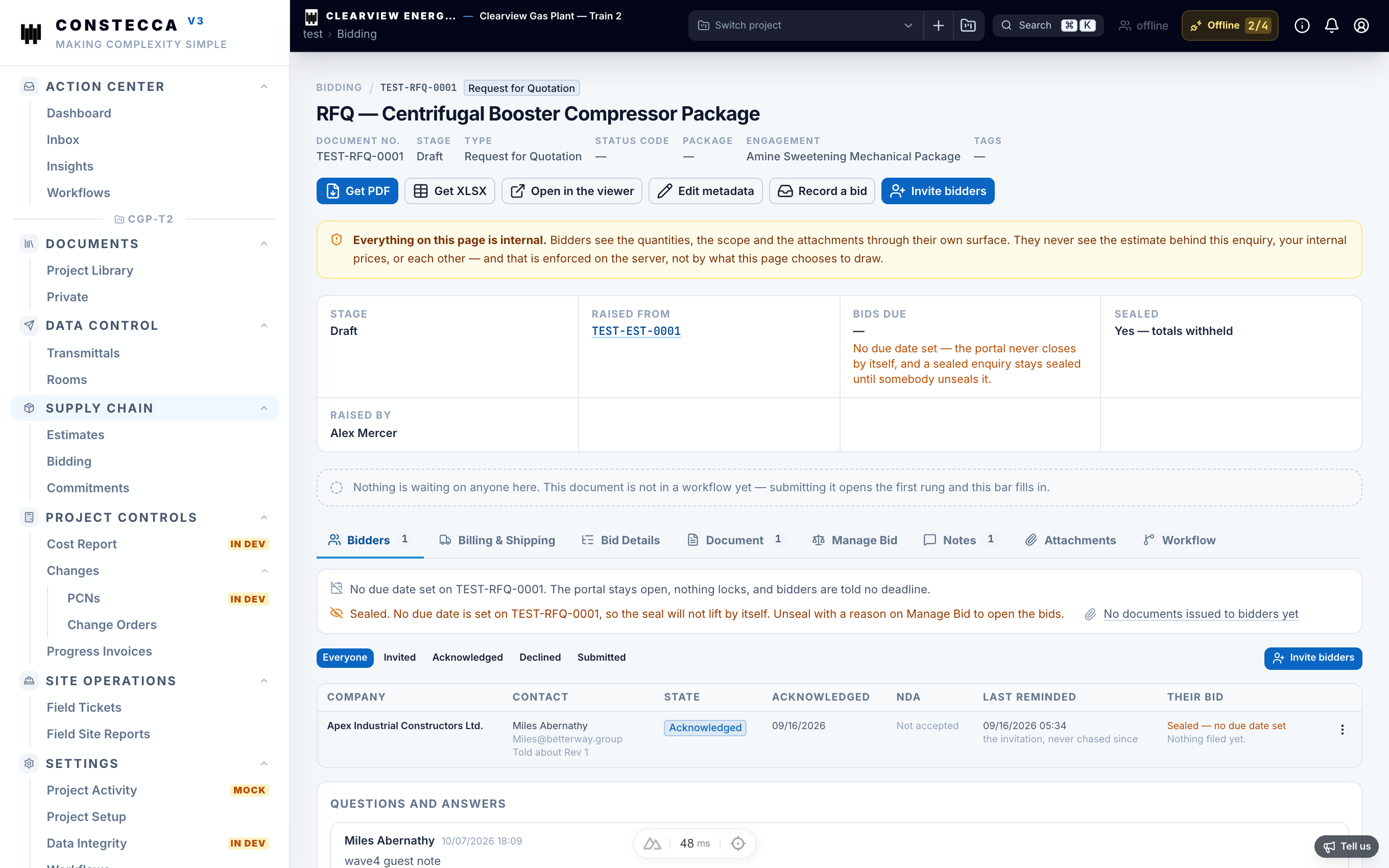 Enquiry detail view showing the scope lines, invited bidders, and bid comparison tabs