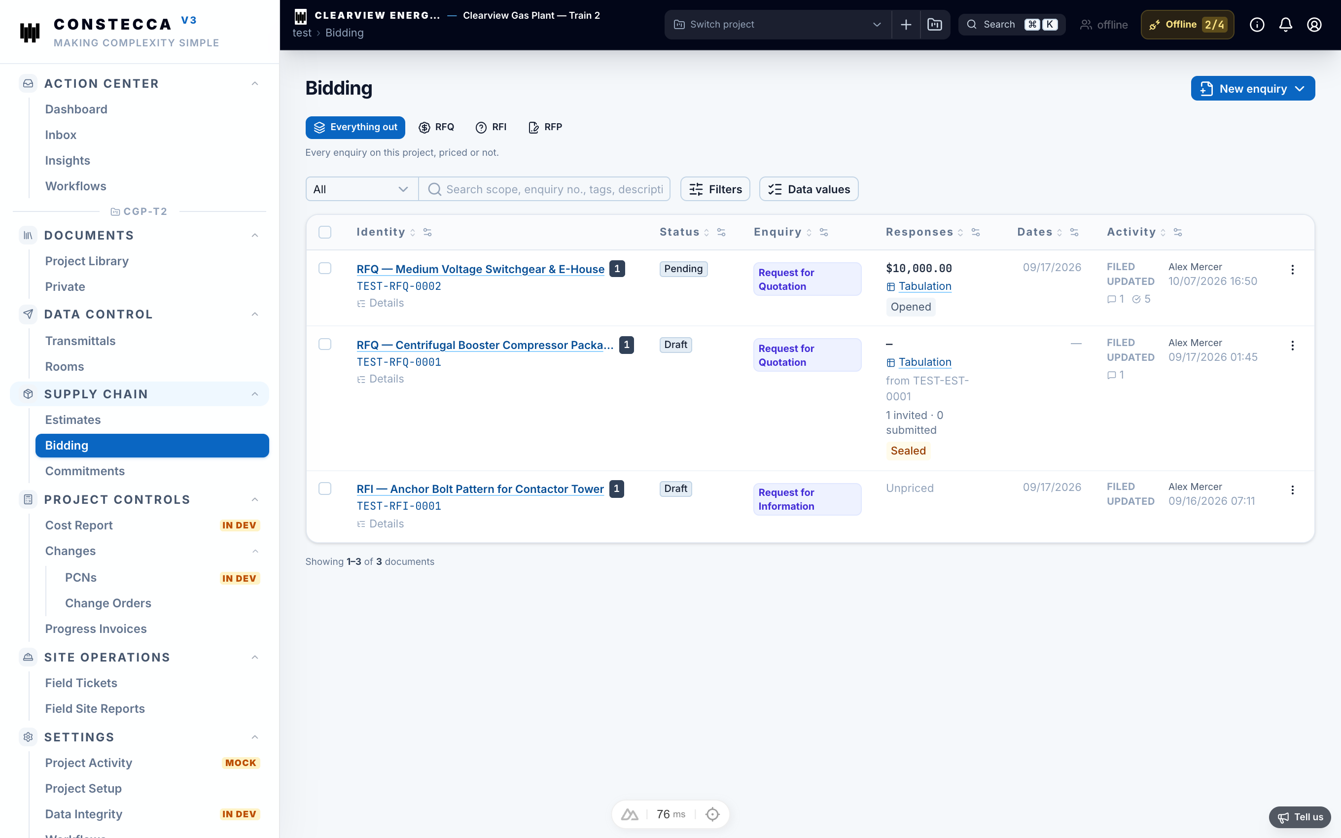 Bidding list showing RFQ, RFP, and RFI enquiries on the project