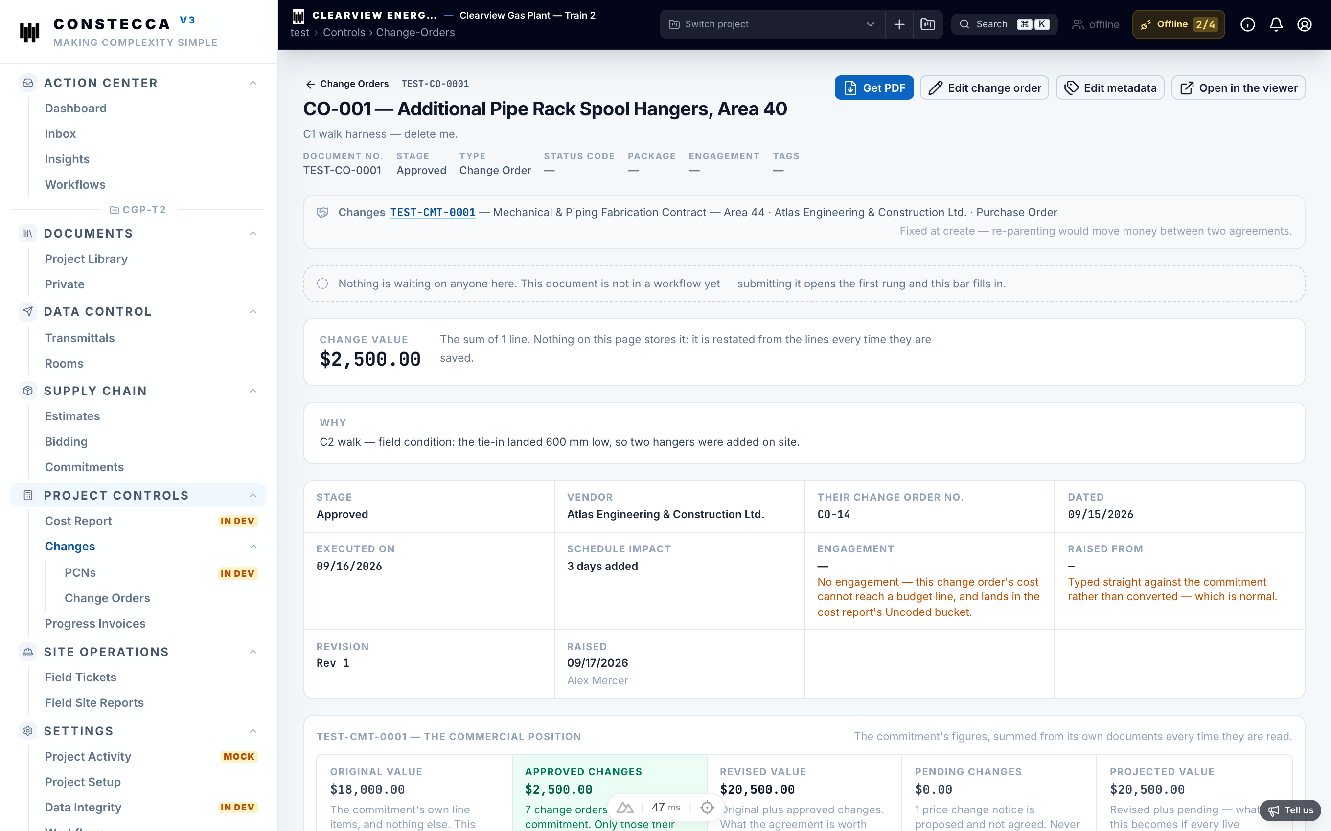 Change Order detail page showing the linked commitment, line items, and approval workflow