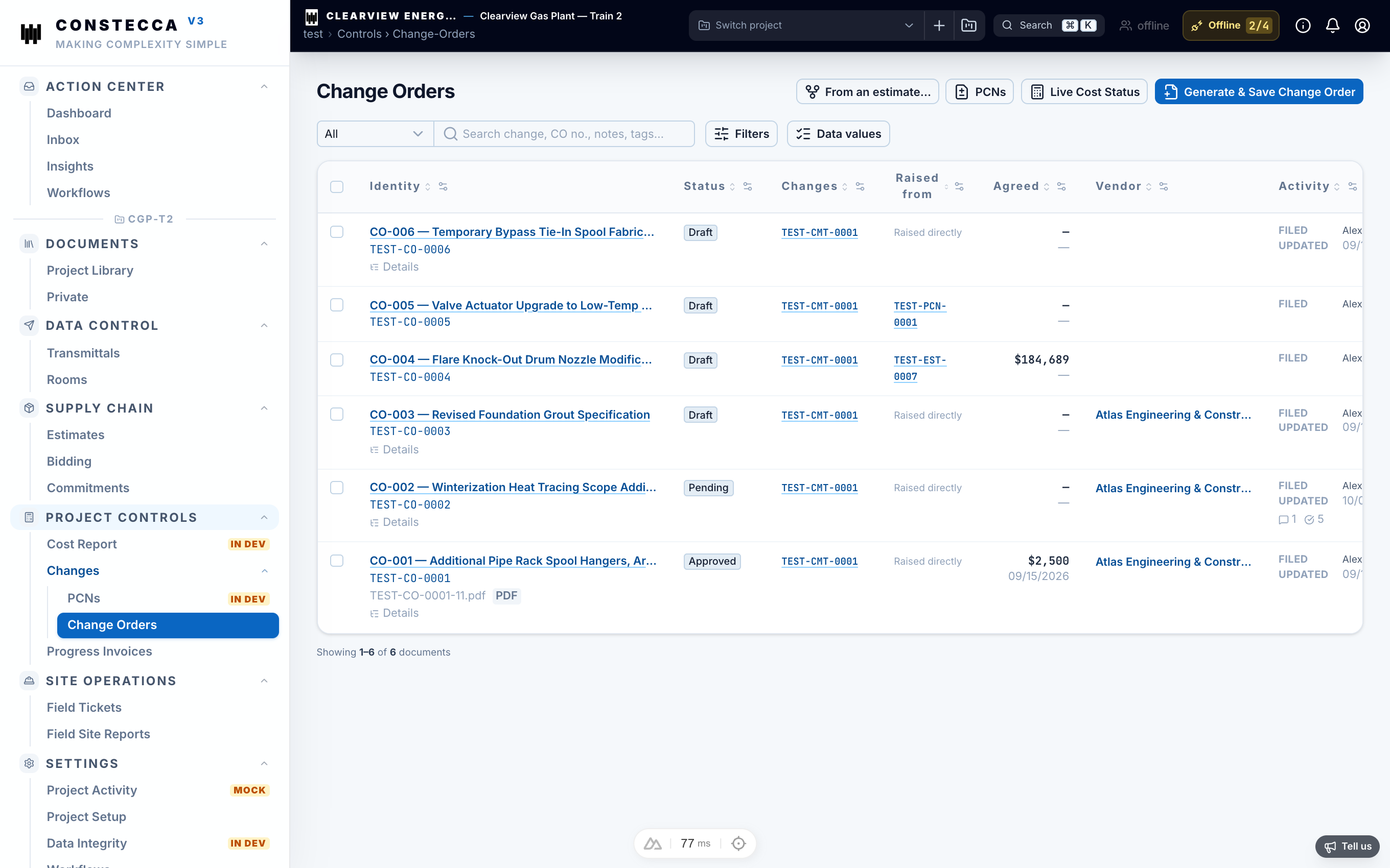 Change Orders list in Project Controls showing pending and approved change orders