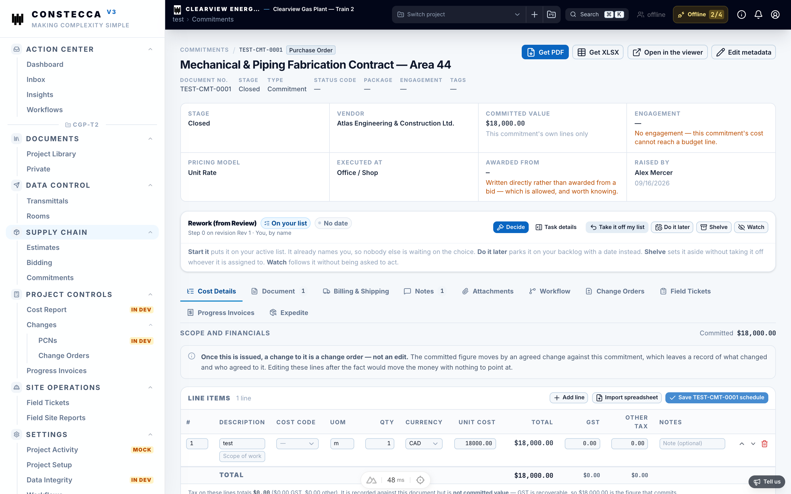 Commitment detail page showing the position strip, schedule of items, and approval status