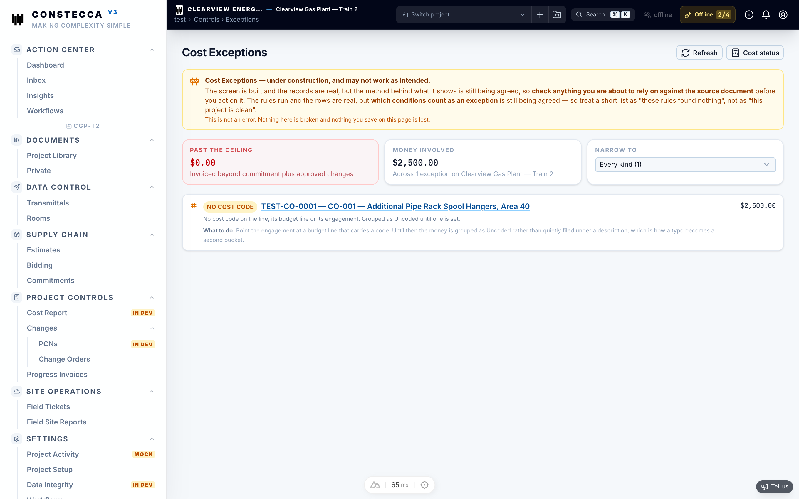 Cost Exceptions list highlighting unassigned or mismatched cost lines