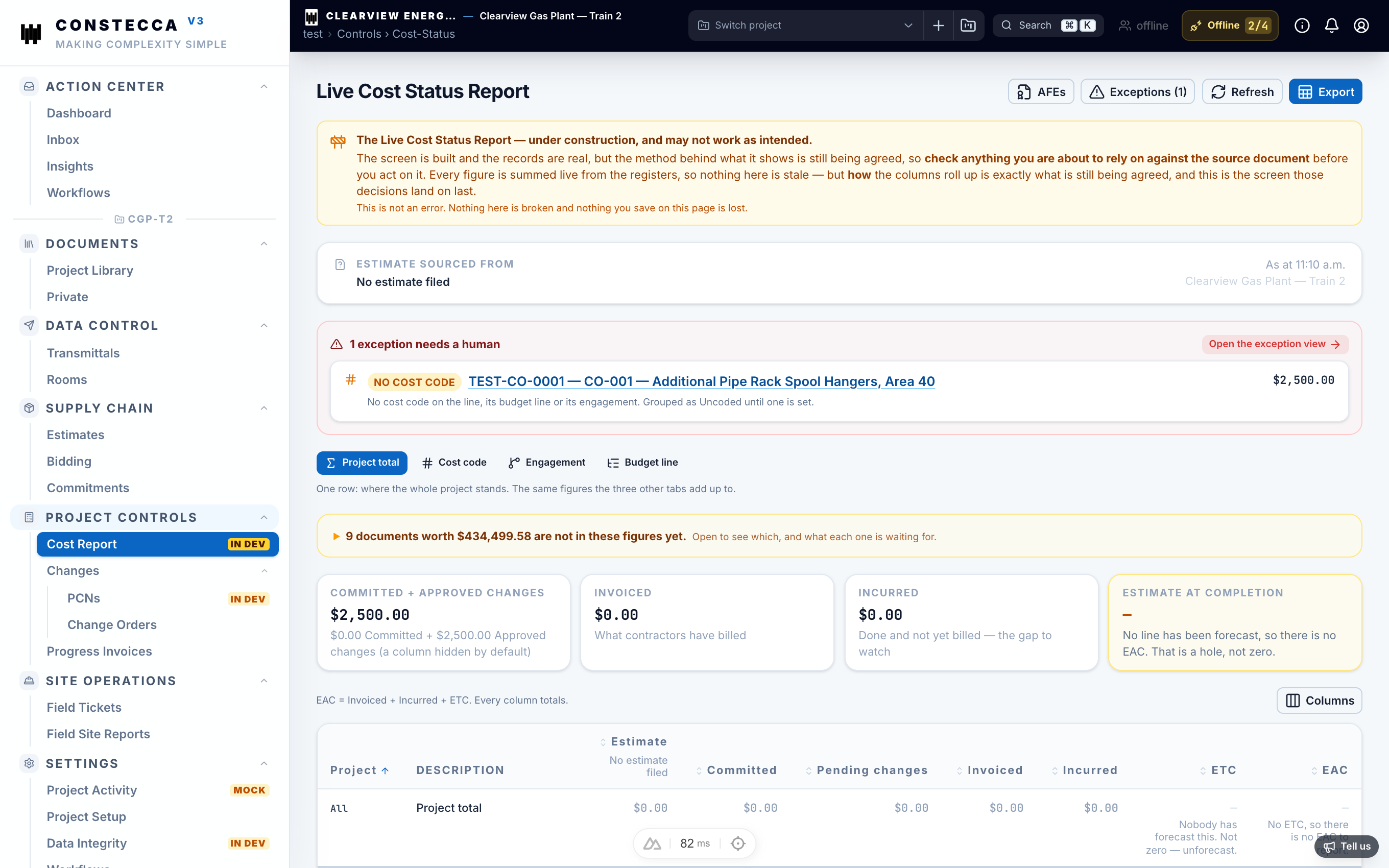 Cost Report page showing budget, committed, invoiced, and variance columns across budget lines
