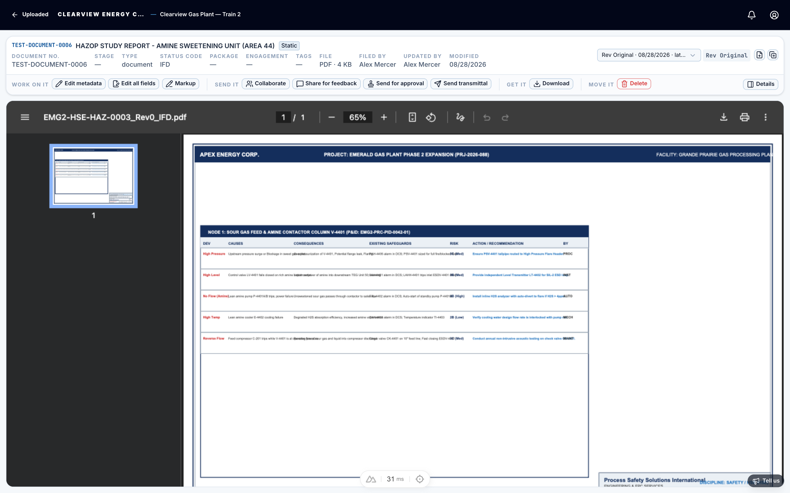 Document viewer showing revision pills and version selector at the top of the preview