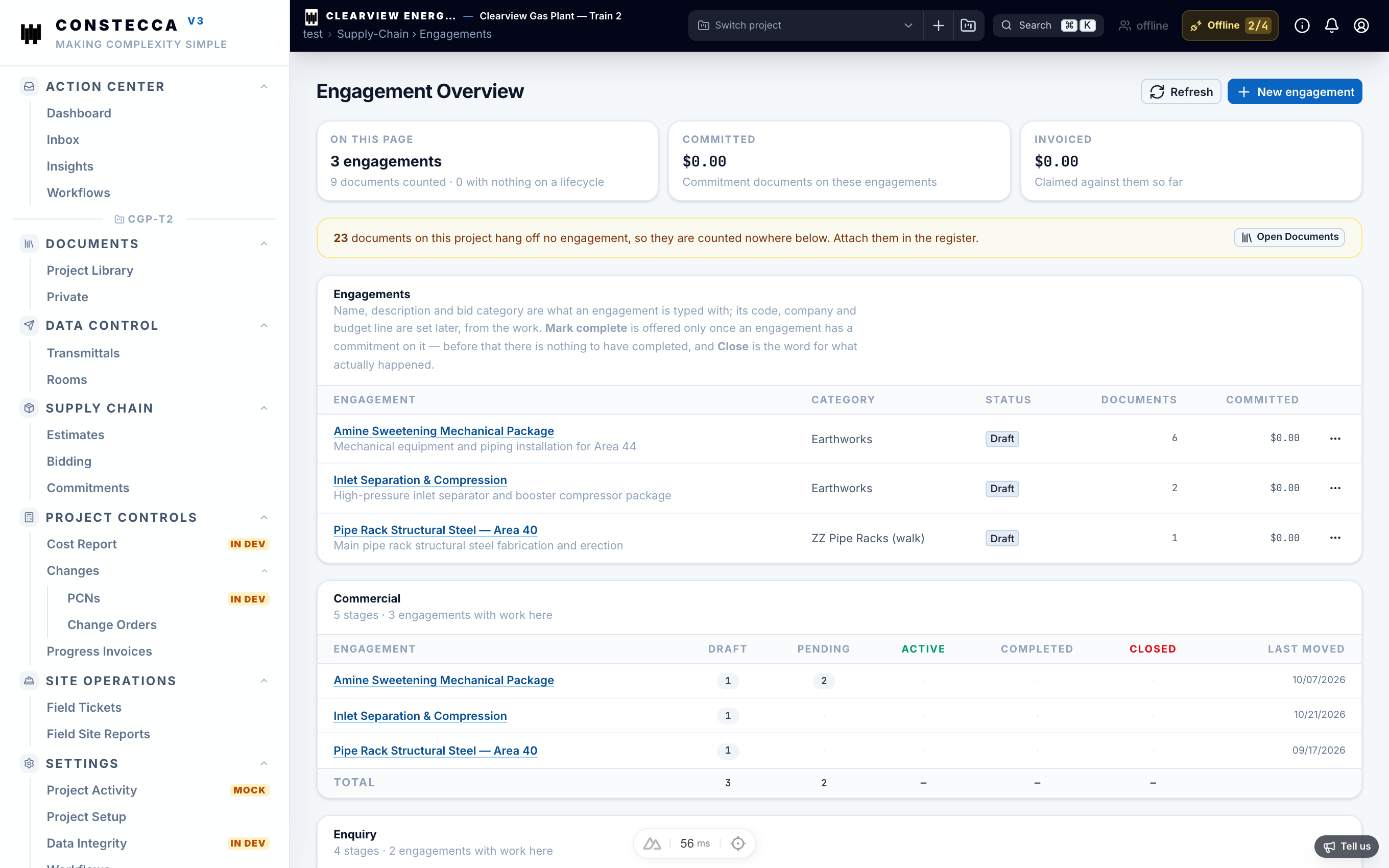 Engagements list grouping estimates, enquiries, commitments, and change orders by package of work