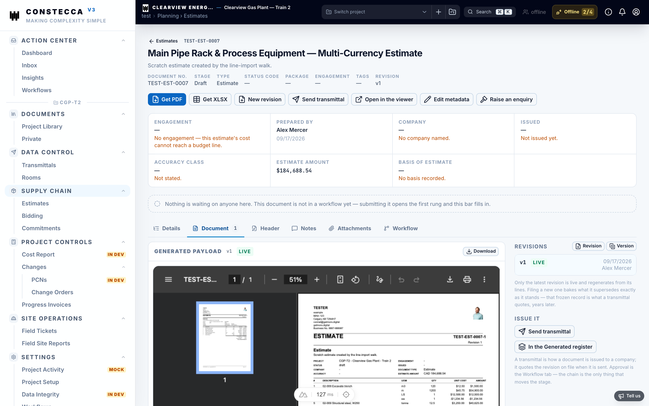 Previewing the generated PDF inside the Document tab of an estimate