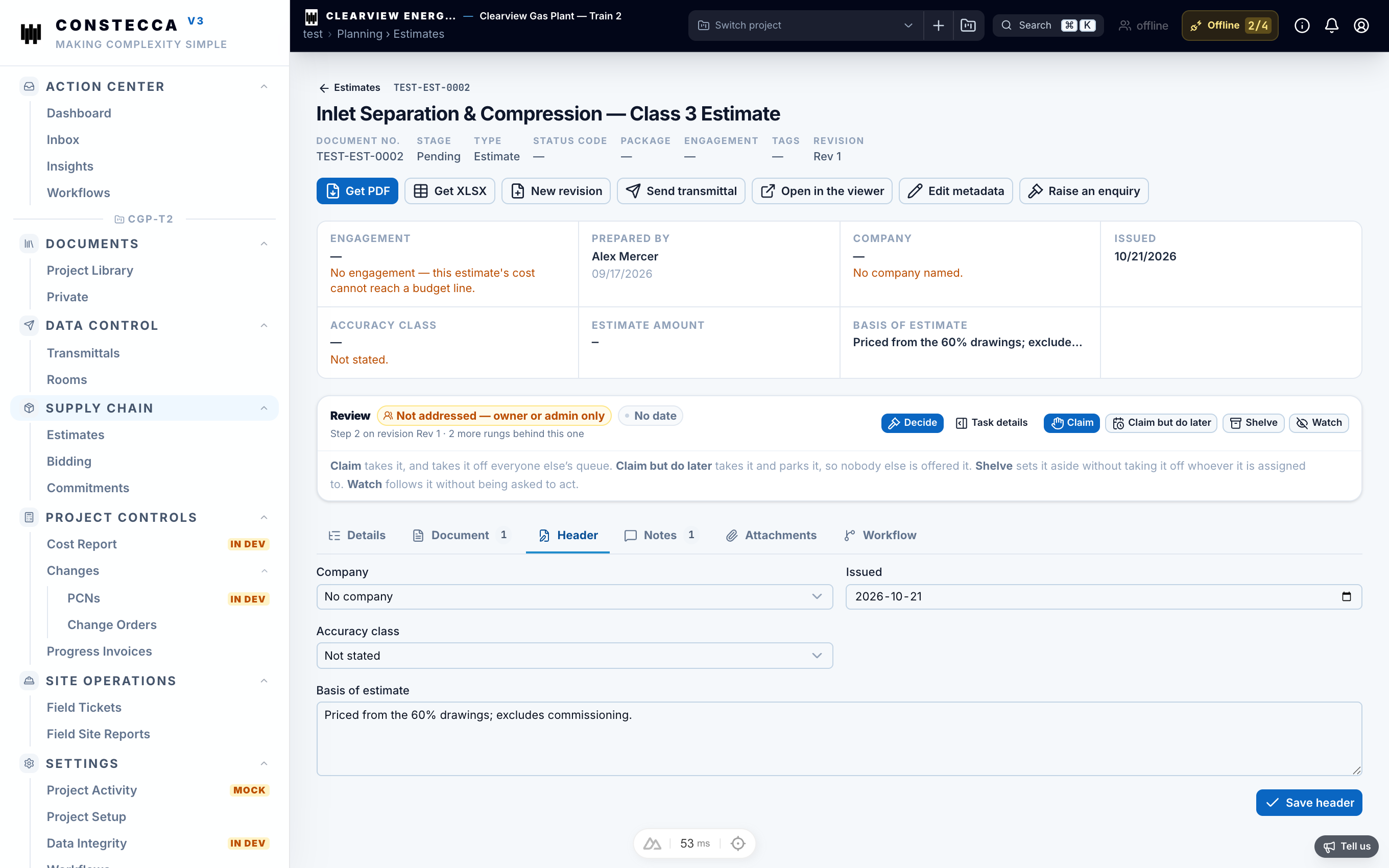 Estimate Header tab showing the company, accuracy class, and basis of estimate fields