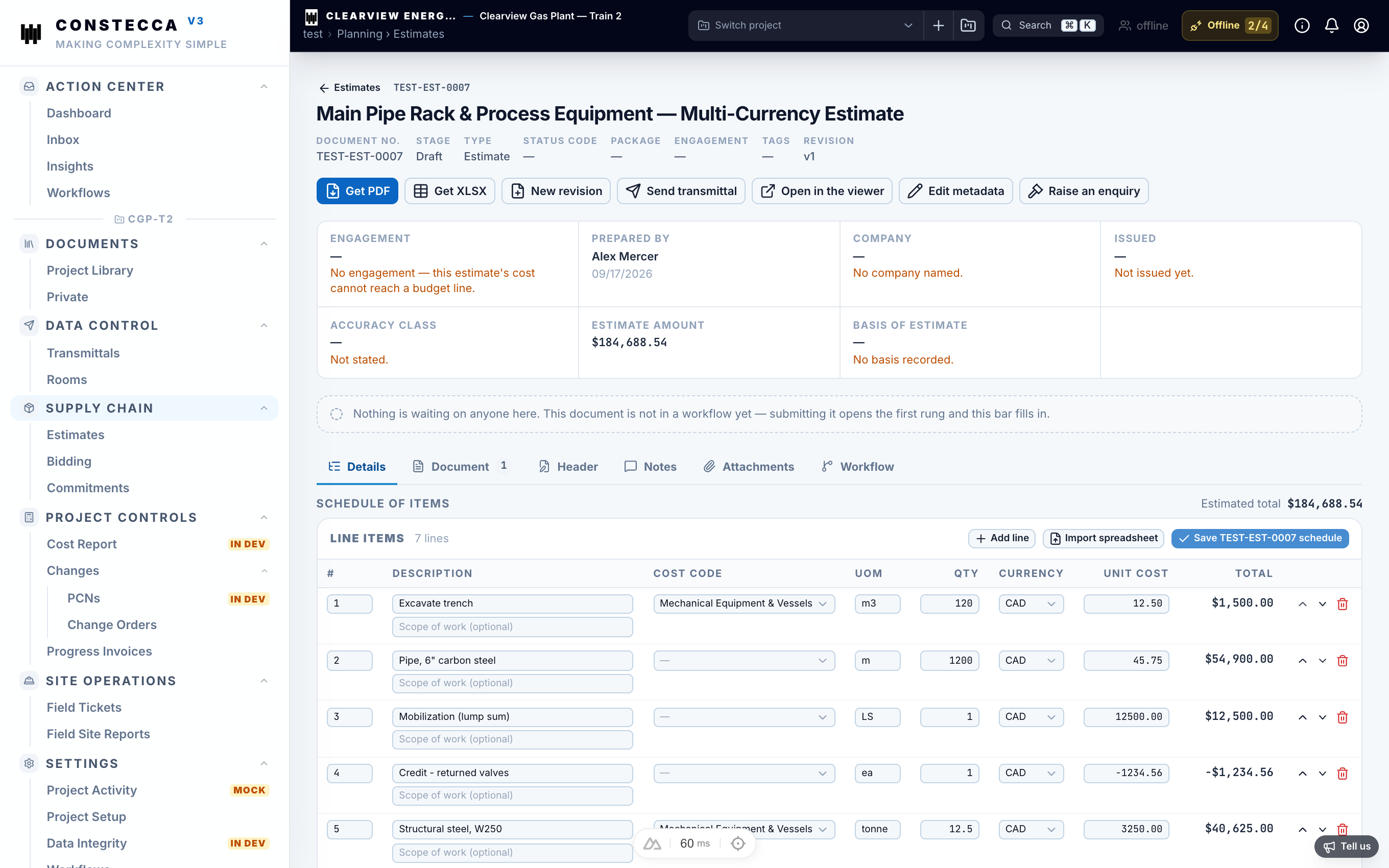 Estimate Schedule of Items tab showing line descriptions, quantities, unit costs, currencies, and cost codes