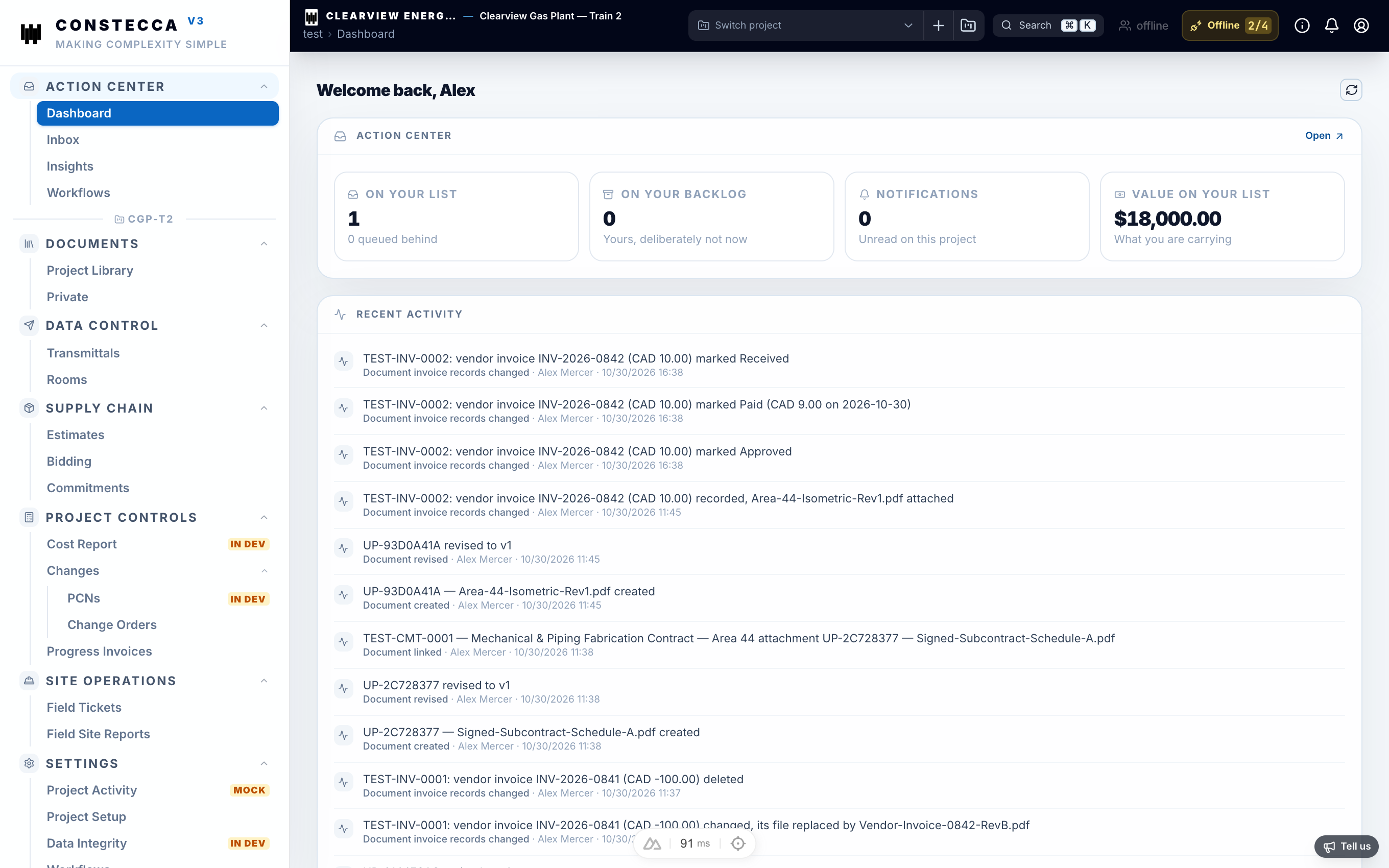 Constecca workspace overview showing the left sidebar, project picker, and project dashboard