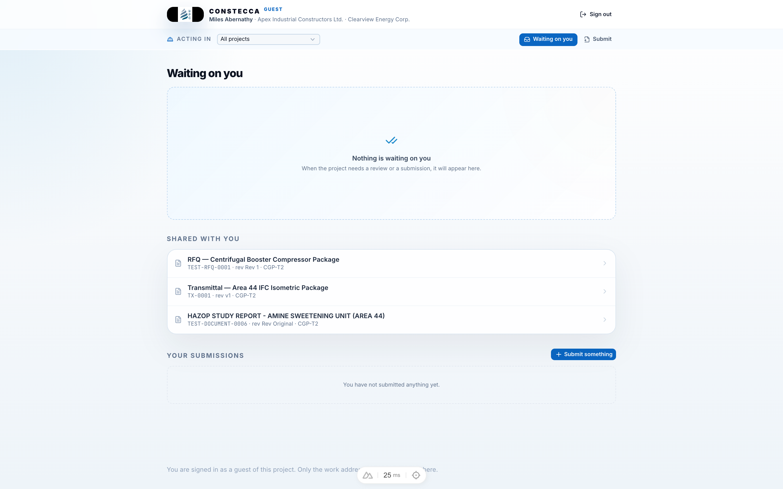 Guest portal home page showing shared documents, transmittals, and bid invitations