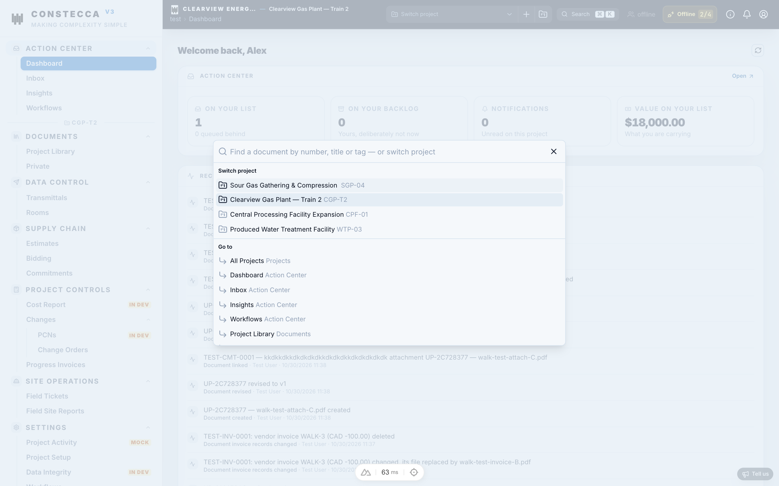 Switching projects from the project picker in the top header