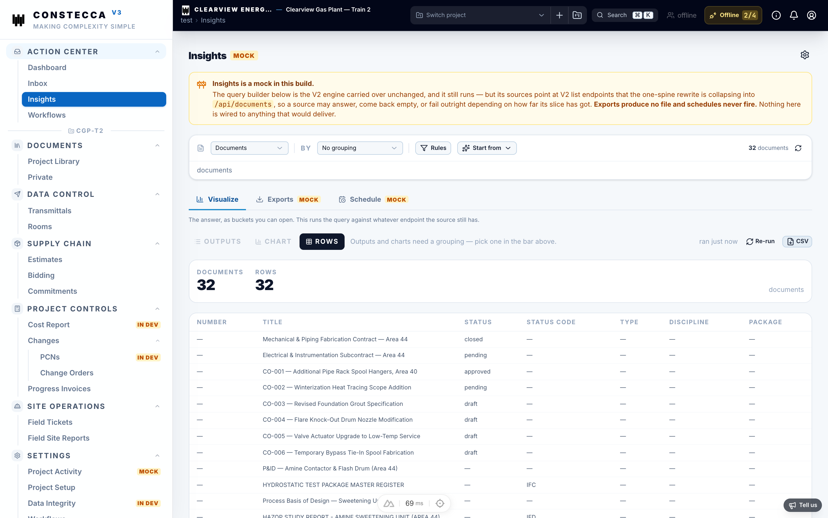 Insights page displaying interactive charts of project documents and financial metrics