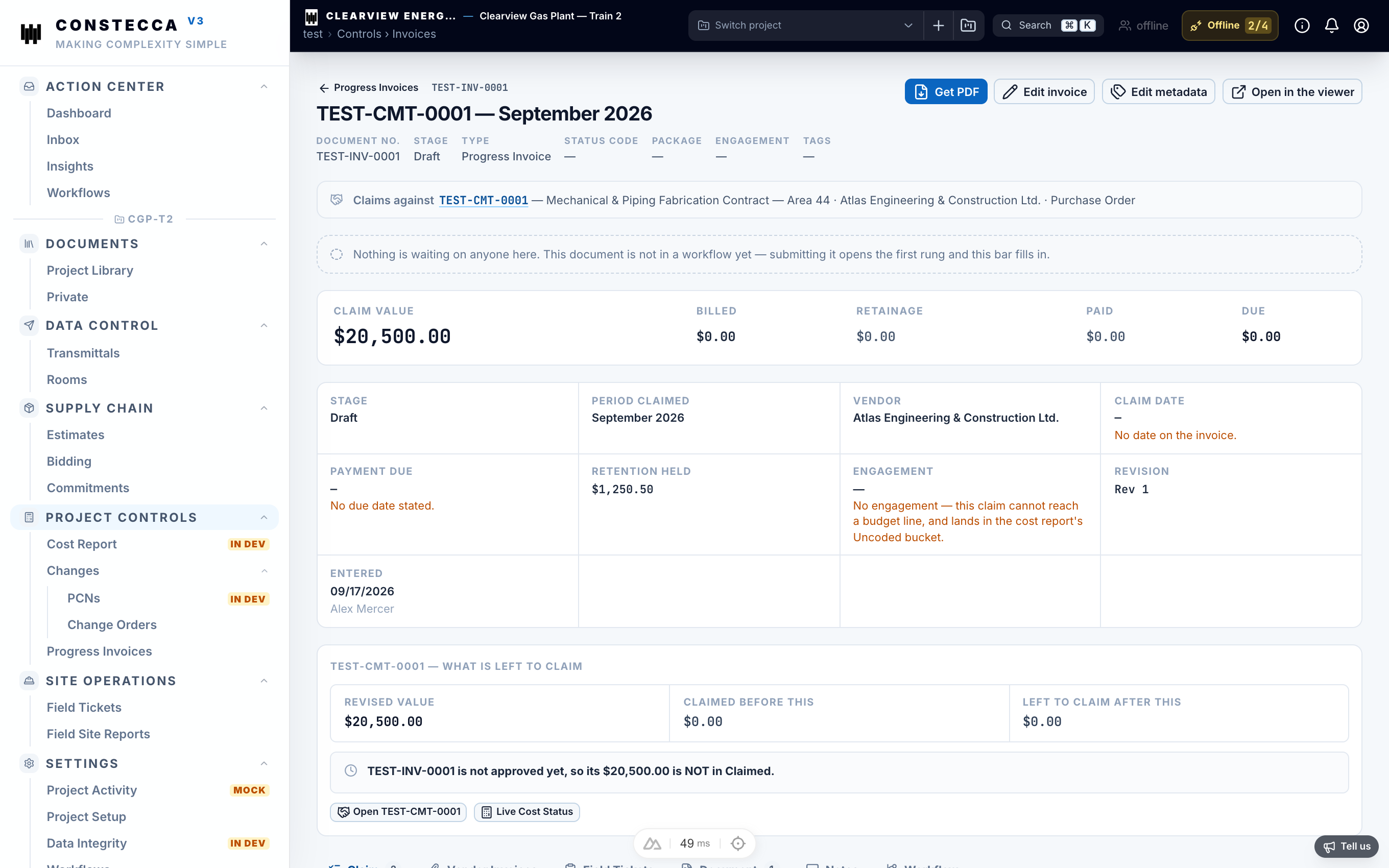 Progress invoice Claim tab showing the billing strip and progress per commitment line