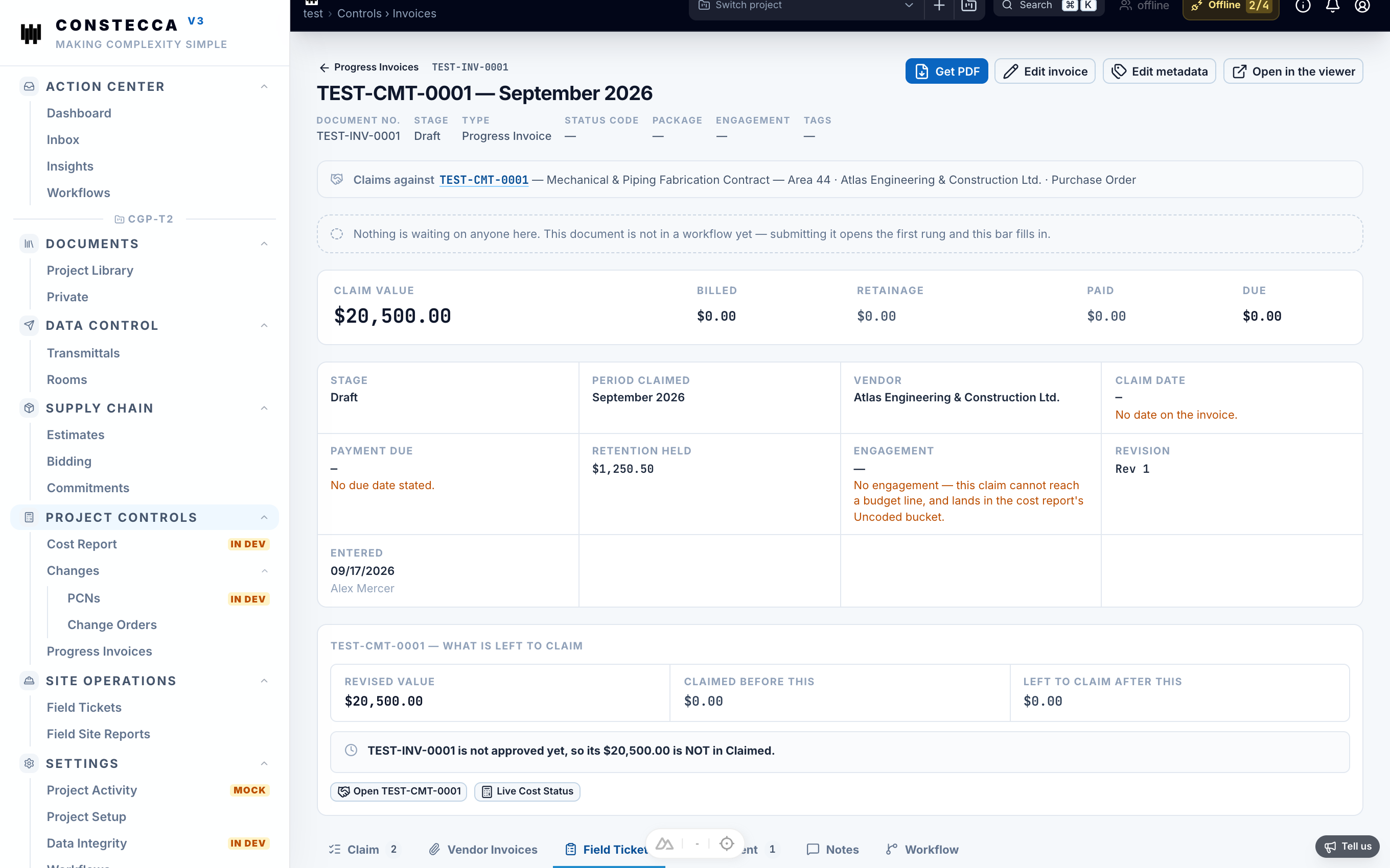 Progress invoice Field Tickets tab grouping tickets on the commitment