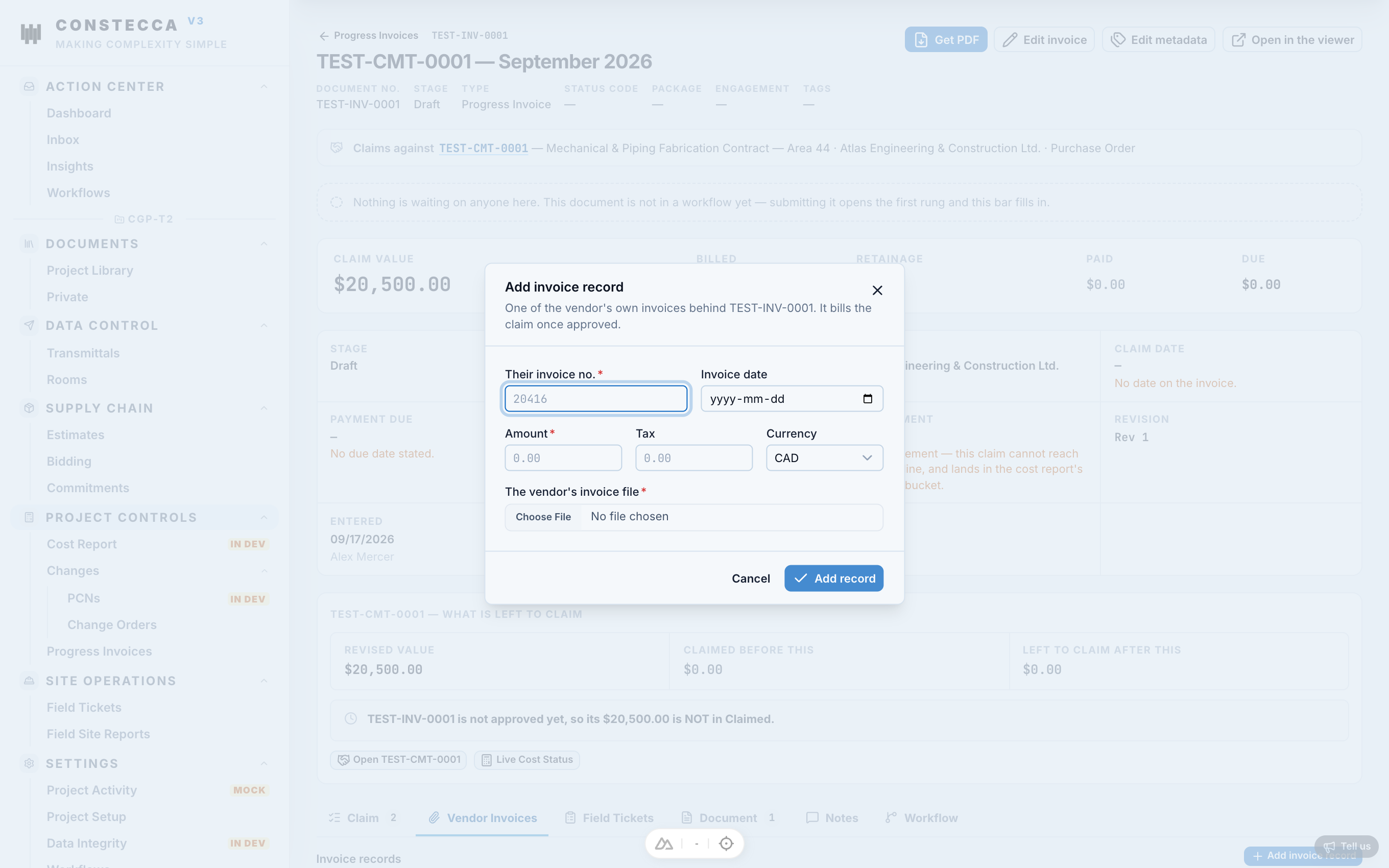 Progress invoice Vendor Invoices tab showing recorded supplier invoices and their payment status