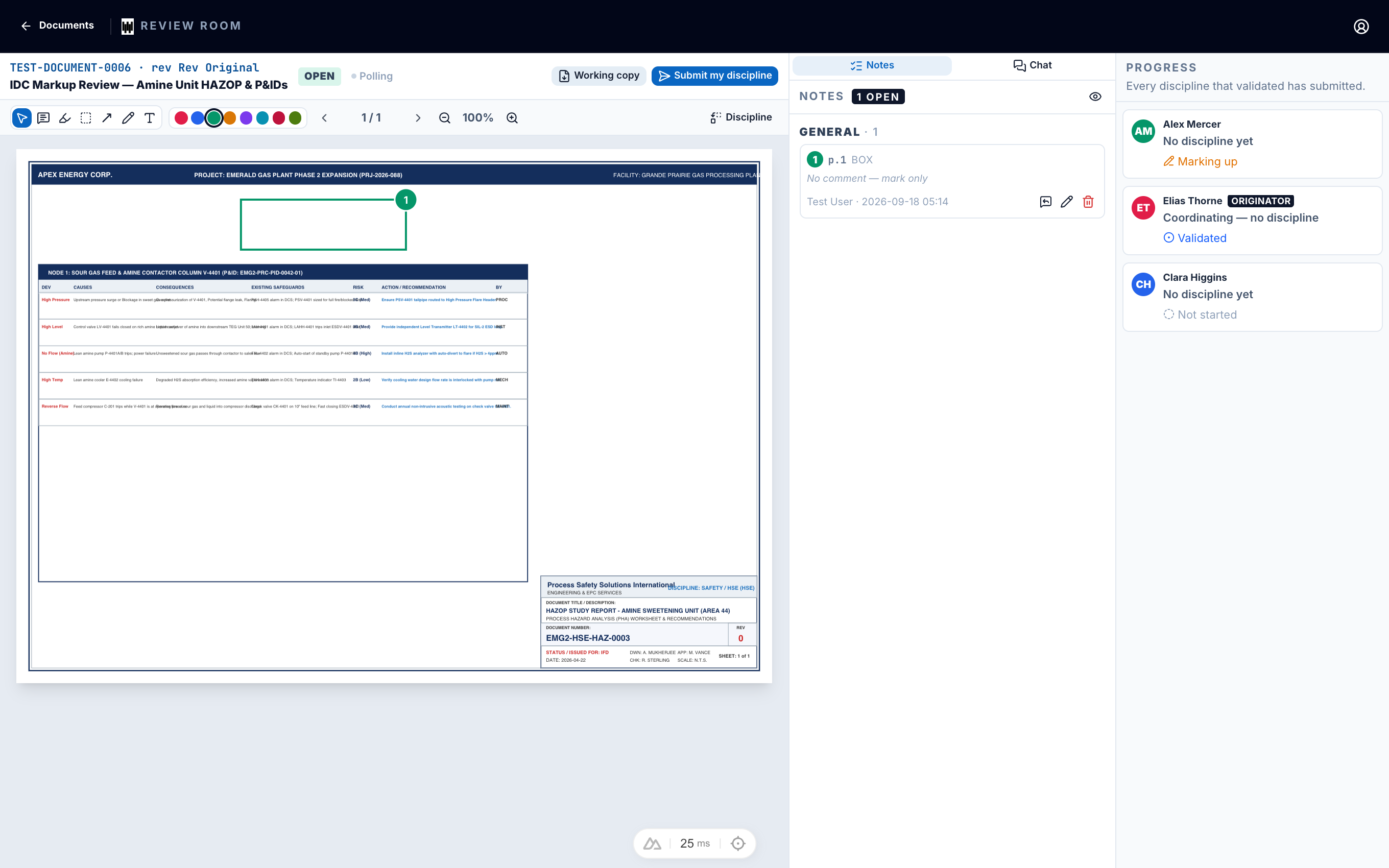Live review room showing the markup toolbar, drawing canvas, and discipline seats