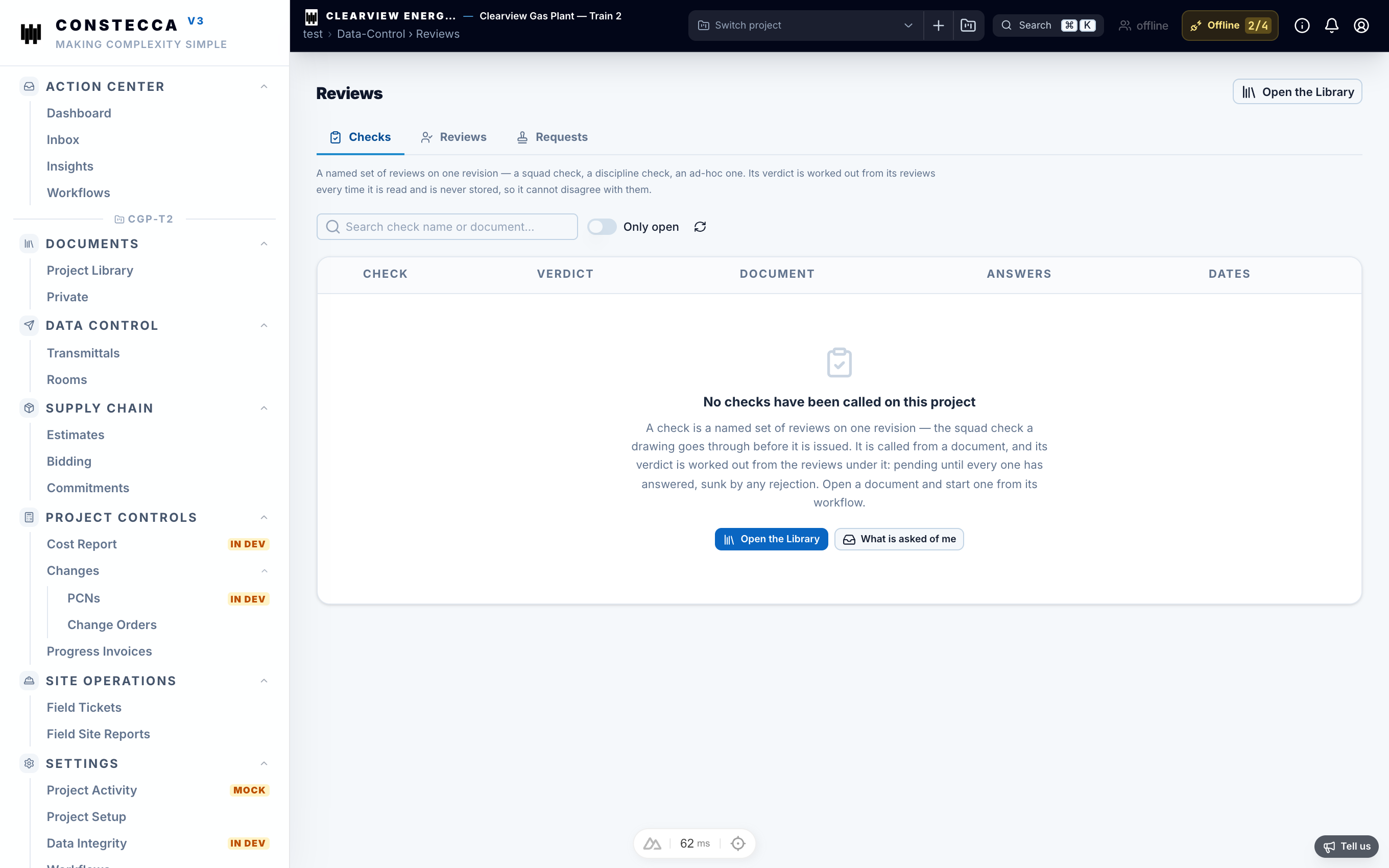 Reviews list in Data Control showing active and completed document reviews