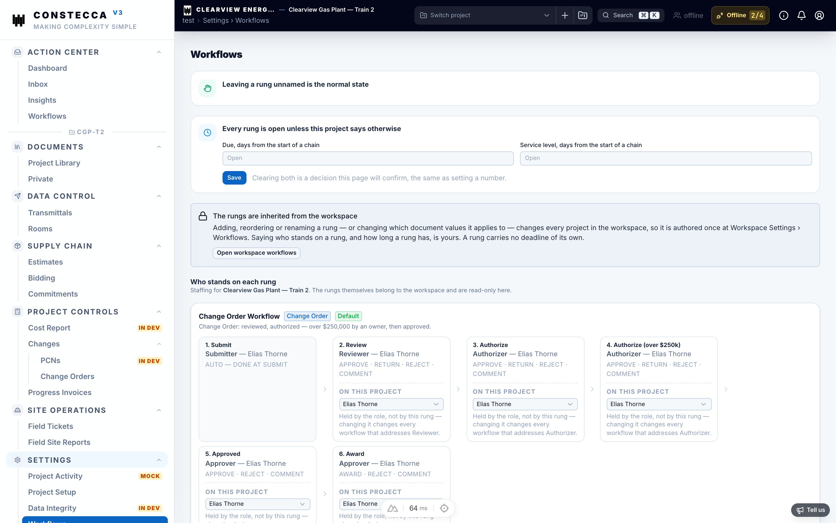 Project setup showing workflow steps and the roles that own each step