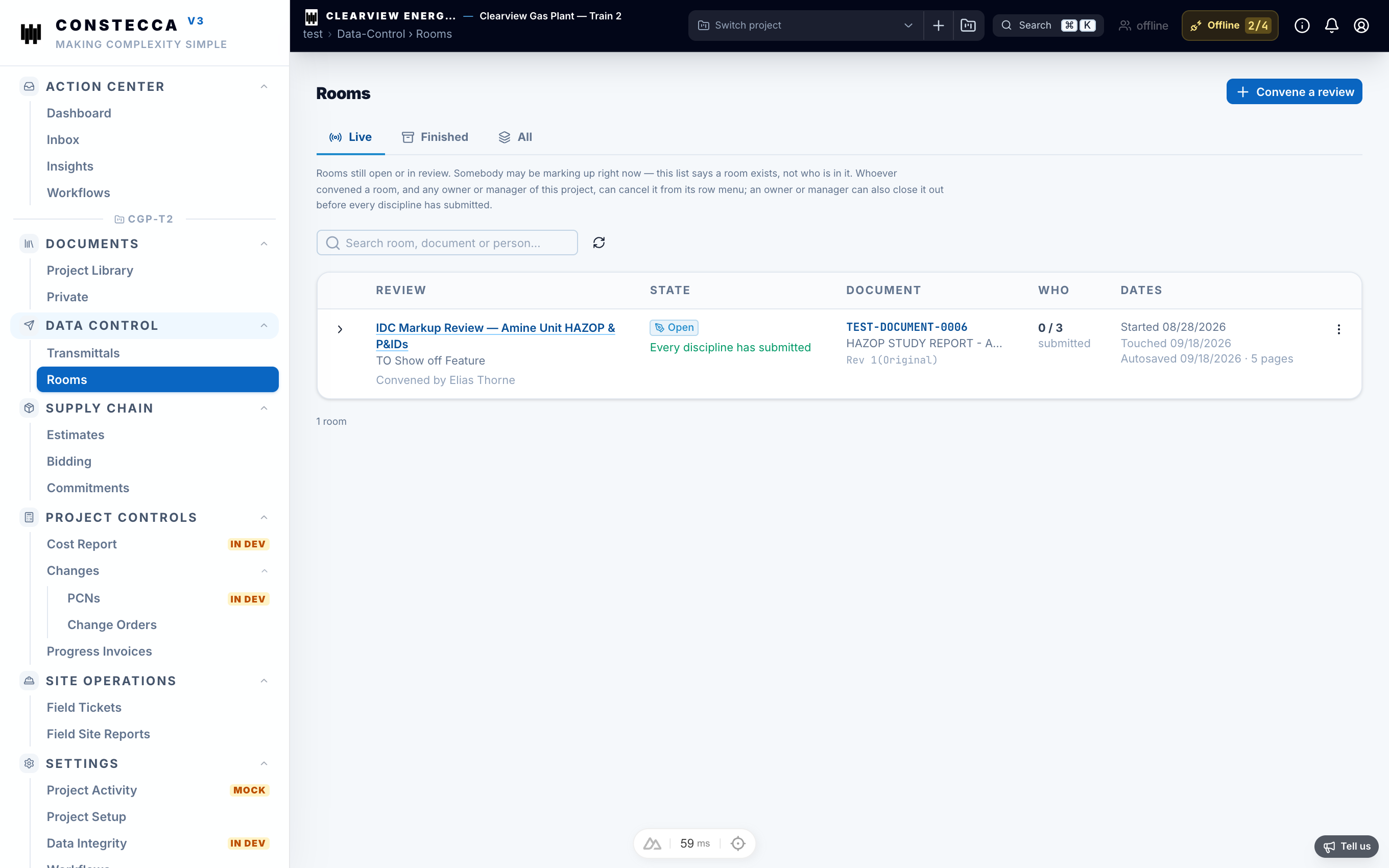 Rooms list in Data Control showing open and completed review rooms