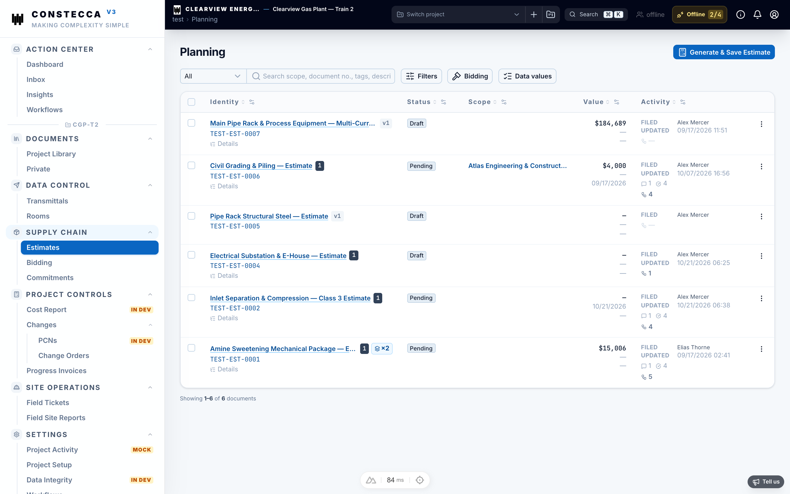 Supply Chain planning view showing estimates, engagements, and multi-currency totals