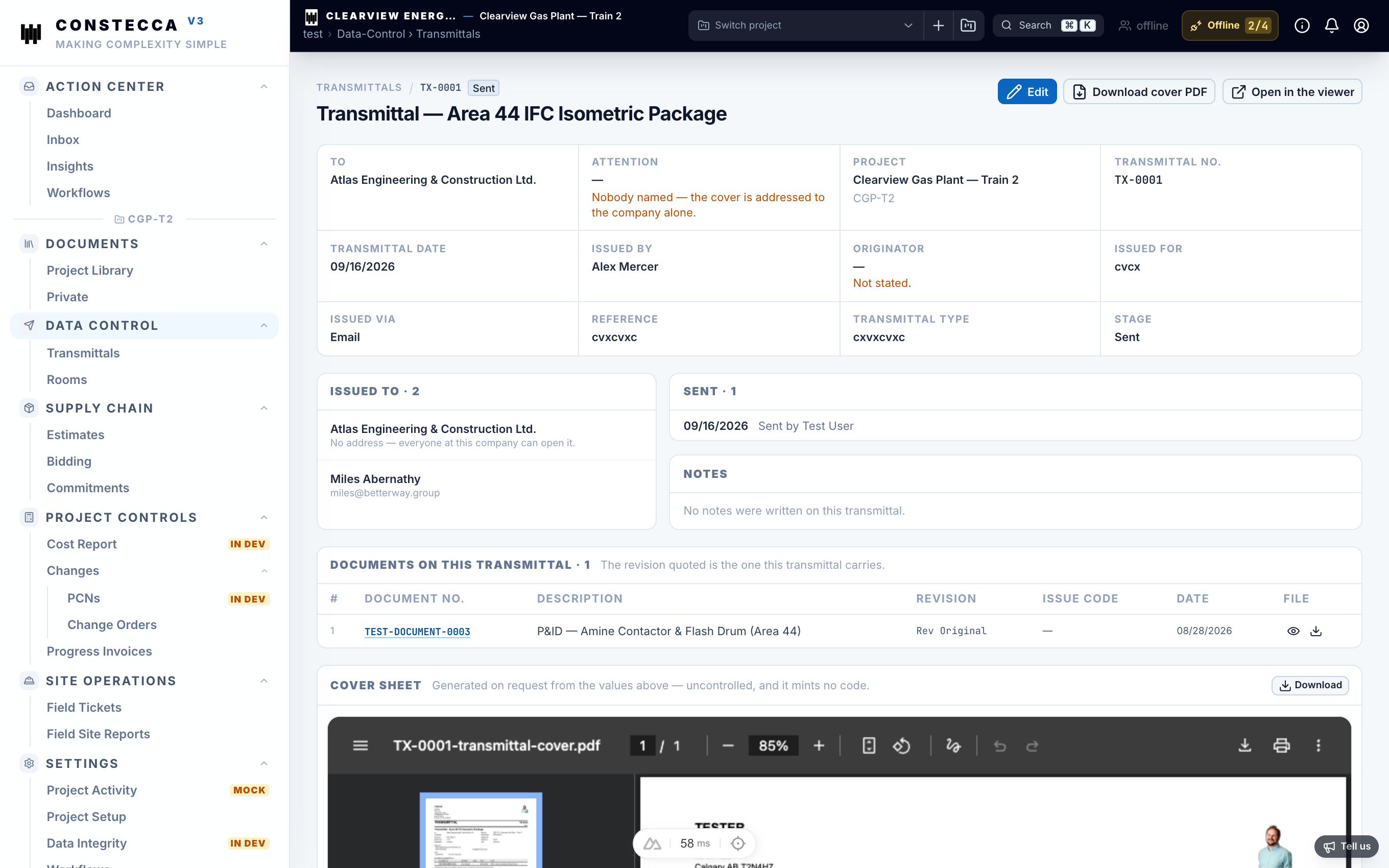 Transmittal detail page showing the cover details, recipient contacts, and attached document revisions